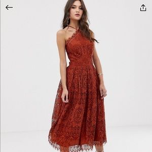 Rust Orange Halter Lace Dress